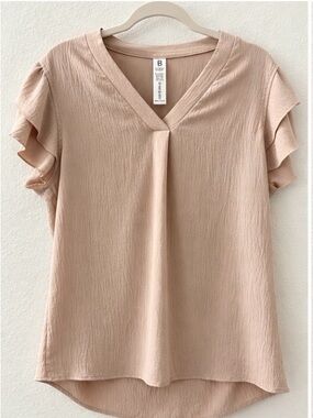 B Collection Large Beige Flutter Sleeve V-Neck Blouse Textured Top